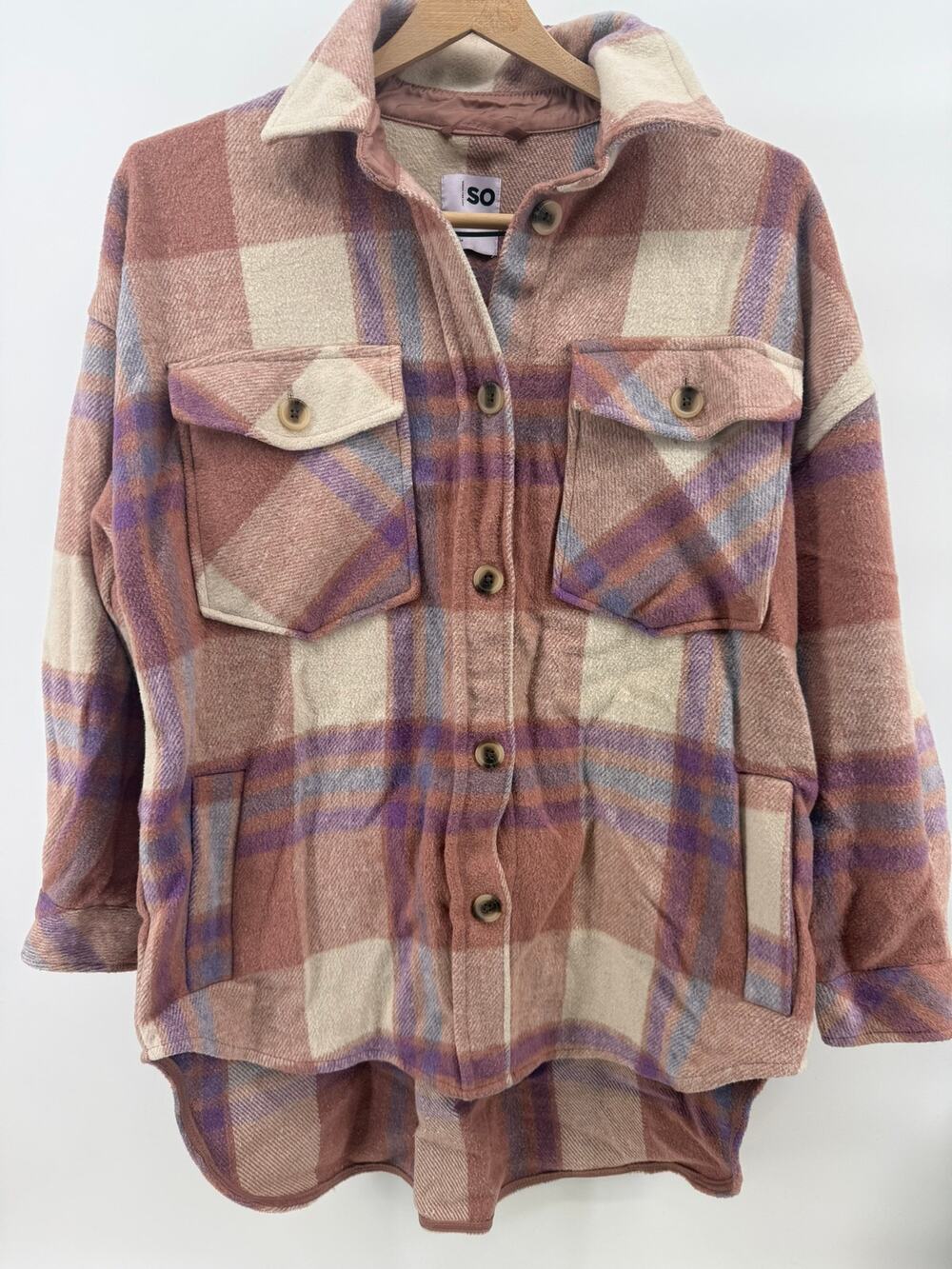 SO Goods For Life Women's Small Plaid Shacket Mauve Beige Oversized Button Up